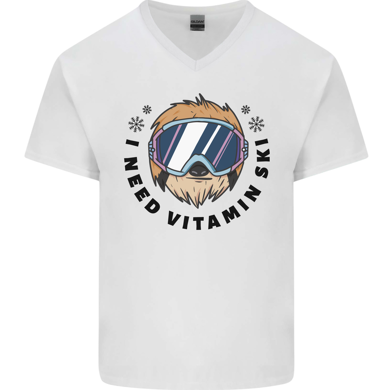 Vitamin Ski Funny Skiing Sloth Mens V-Neck Cotton T-Shirt White