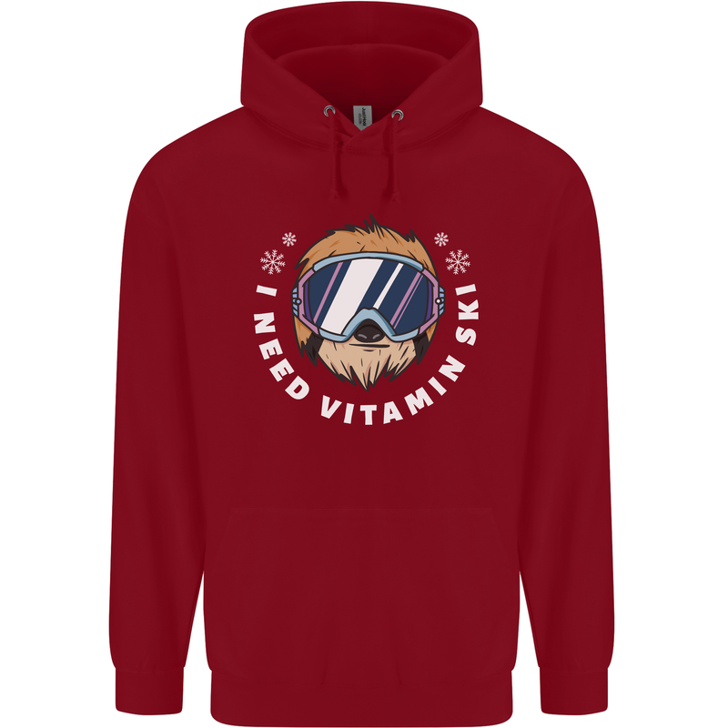 Vitamin Ski Funny Skiing Sloth Winter Sport Childrens Kids Hoodie Red