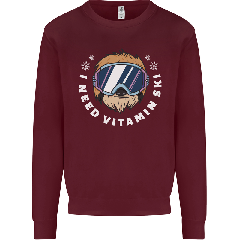 Vitamin Ski Funny Skiing Sloth Winter Sport Kids Sweatshirt Jumper Maroon