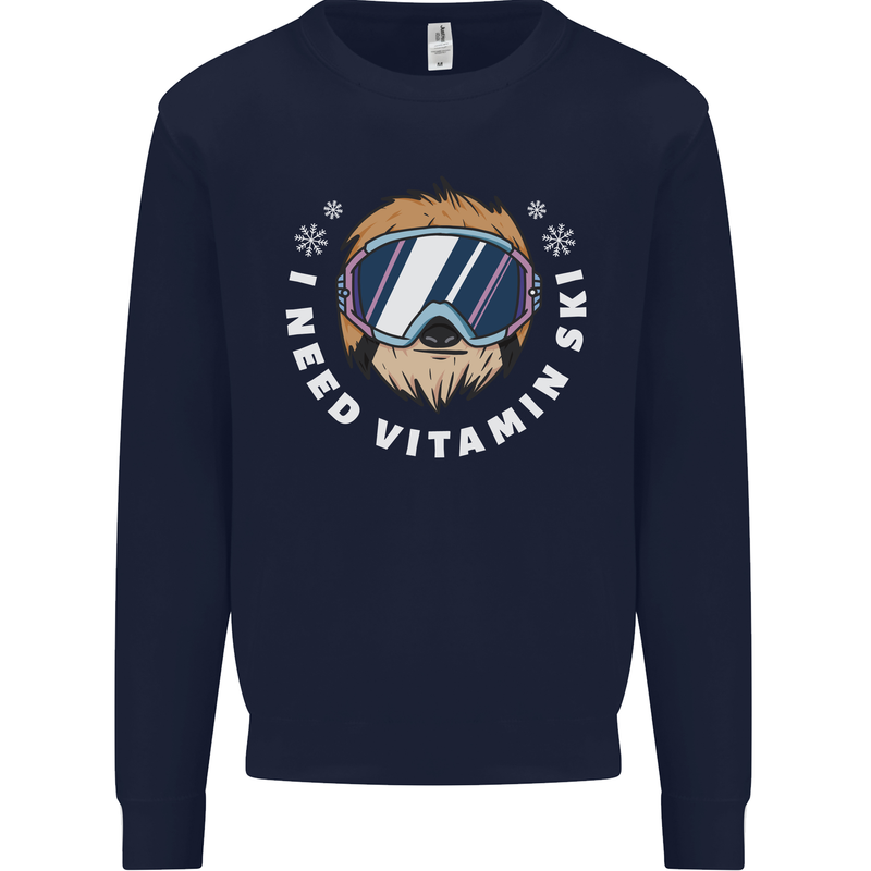 Vitamin Ski Funny Skiing Sloth Winter Sport Kids Sweatshirt Jumper Navy Blue