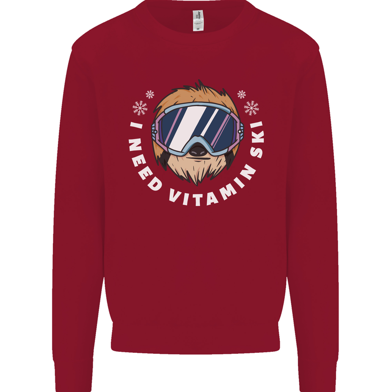 Vitamin Ski Funny Skiing Sloth Winter Sport Kids Sweatshirt Jumper Red