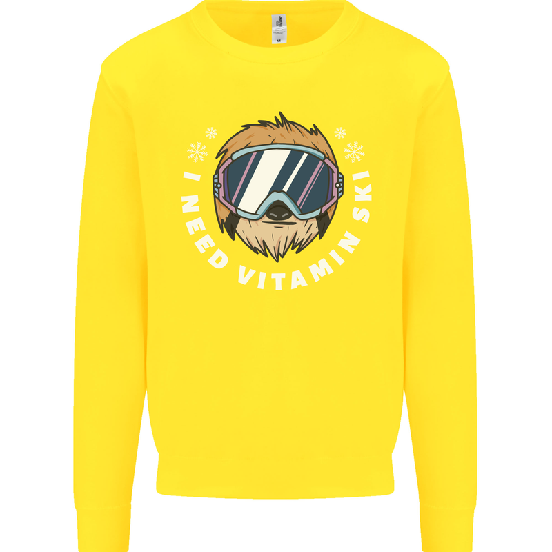 Vitamin Ski Funny Skiing Sloth Winter Sport Kids Sweatshirt Jumper Yellow