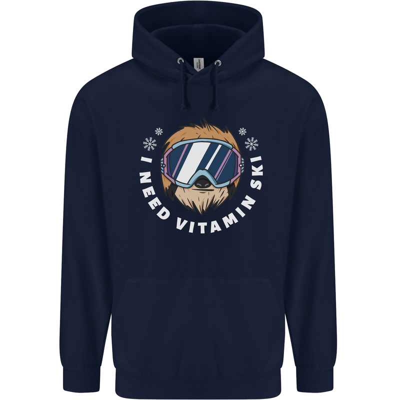 Vitamin Ski Funny Skiing Sloth Winter Sport Mens 80% Cotton Hoodie Navy Blue