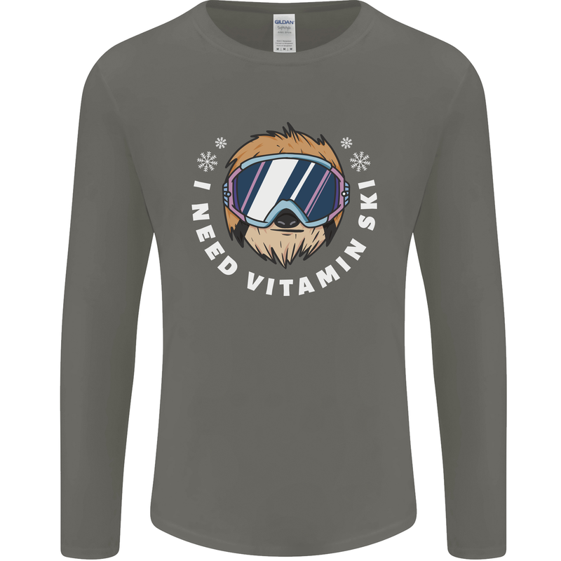 Vitamin Ski Funny Skiing Sloth Winter Sport Mens Long Sleeve T-Shirt Charcoal
