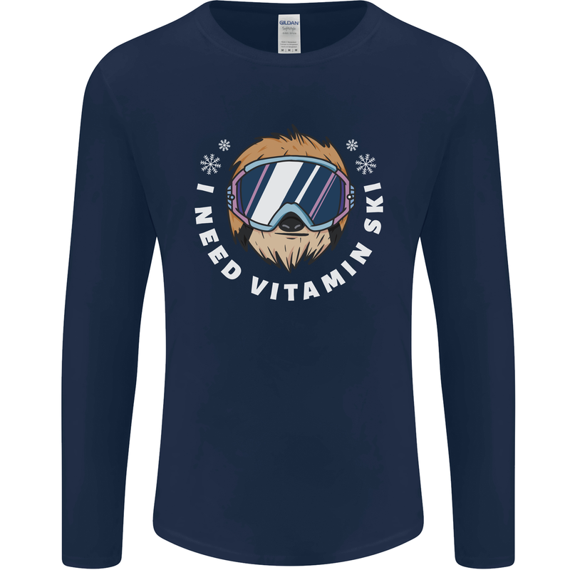 Vitamin Ski Funny Skiing Sloth Winter Sport Mens Long Sleeve T-Shirt Navy Blue