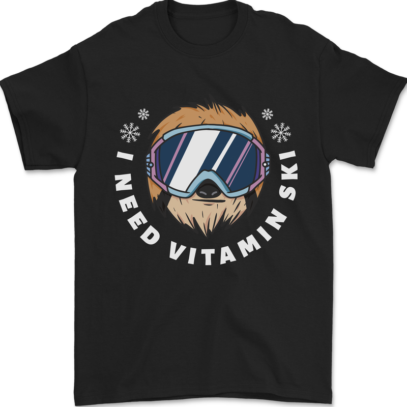 Vitamin Ski Funny Skiing Sloth Winter Sport Mens T-Shirt 100% Cotton Black