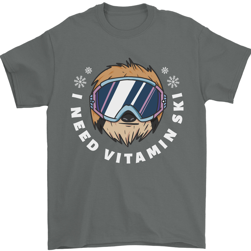 Vitamin Ski Funny Skiing Sloth Winter Sport Mens T-Shirt 100% Cotton Charcoal