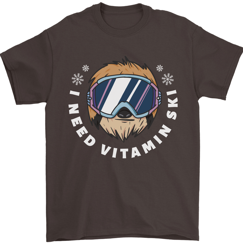 Vitamin Ski Funny Skiing Sloth Winter Sport Mens T-Shirt 100% Cotton Dark Chocolate
