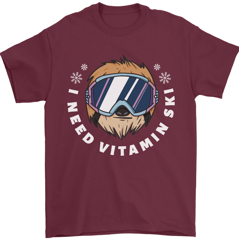 Vitamin Ski Funny Skiing Sloth Winter Sport Mens T-Shirt 100% Cotton Maroon