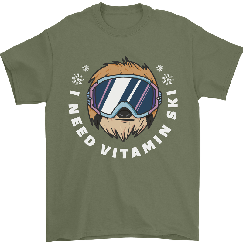 Vitamin Ski Funny Skiing Sloth Winter Sport Mens T-Shirt 100% Cotton Military Green