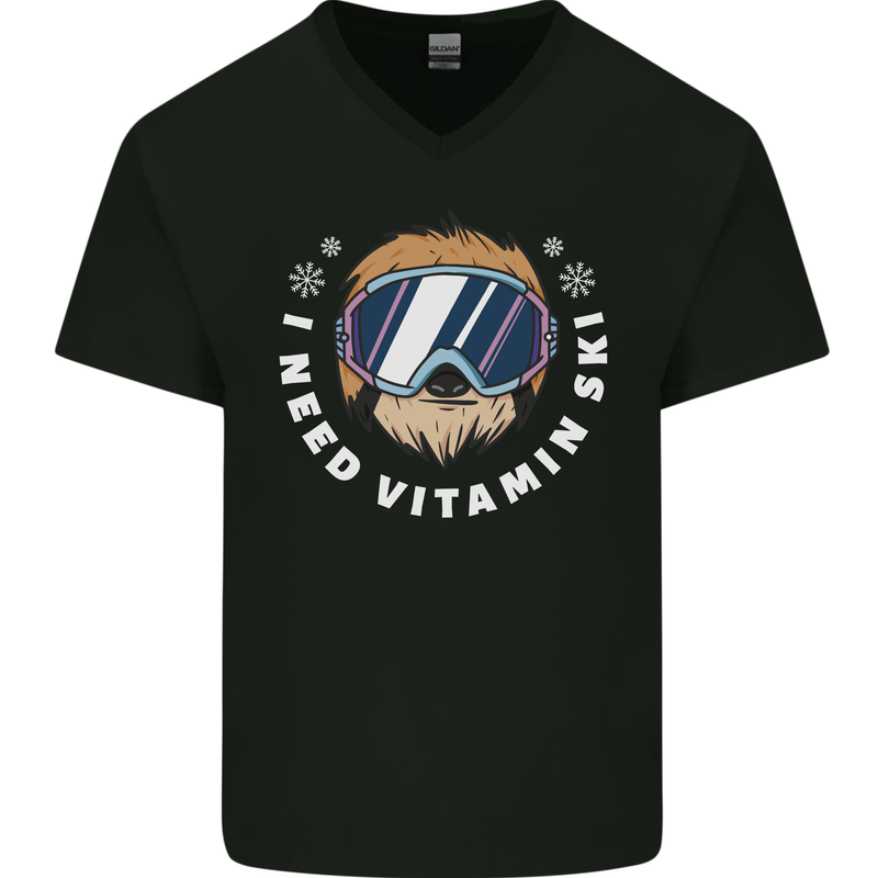 Vitamin Ski Funny Skiing Sloth Winter Sport Mens V-Neck Cotton T-Shirt Black