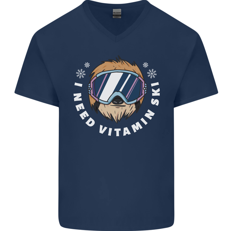 Vitamin Ski Funny Skiing Sloth Winter Sport Mens V-Neck Cotton T-Shirt Navy Blue