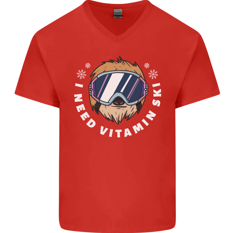 Vitamin Ski Funny Skiing Sloth Winter Sport Mens V-Neck Cotton T-Shirt Red
