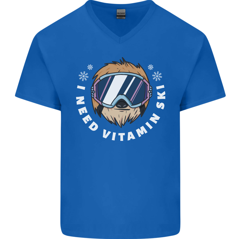Vitamin Ski Funny Skiing Sloth Winter Sport Mens V-Neck Cotton T-Shirt Royal Blue