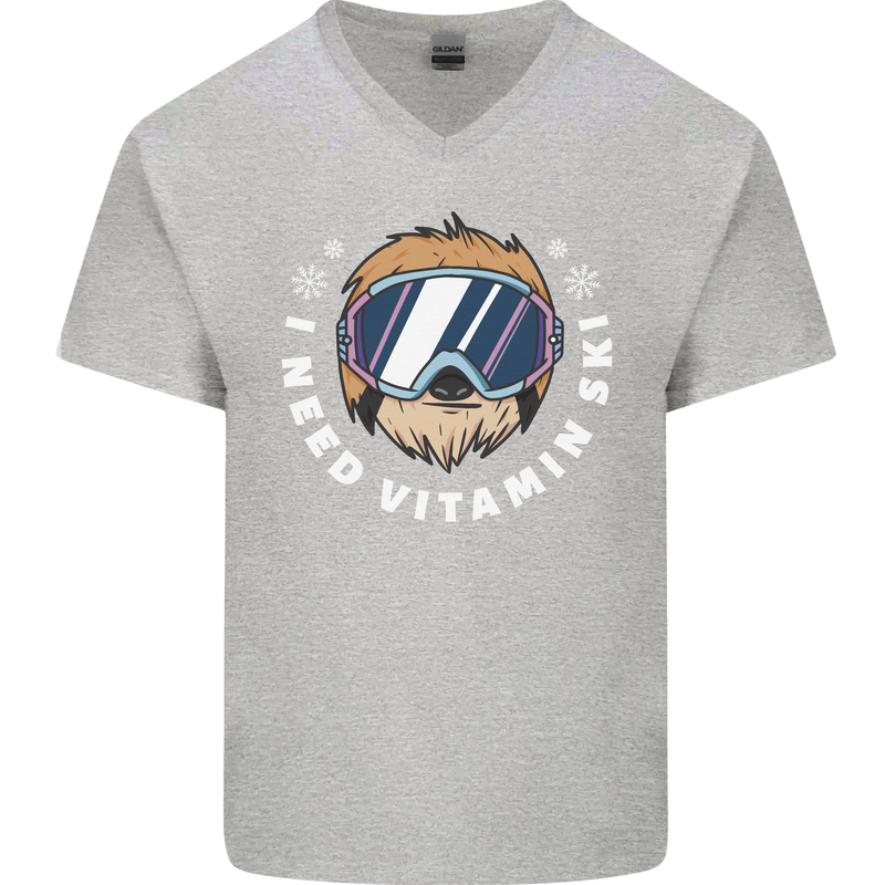 Vitamin Ski Funny Skiing Sloth Winter Sport Mens V-Neck Cotton T-Shirt Sports Grey