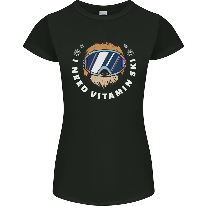Vitamin Ski Funny Skiing Sloth Winter Sport Womens Petite Cut T-Shirt Black
