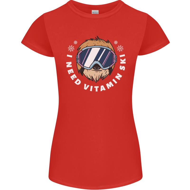 Vitamin Ski Funny Skiing Sloth Winter Sport Womens Petite Cut T-Shirt Red