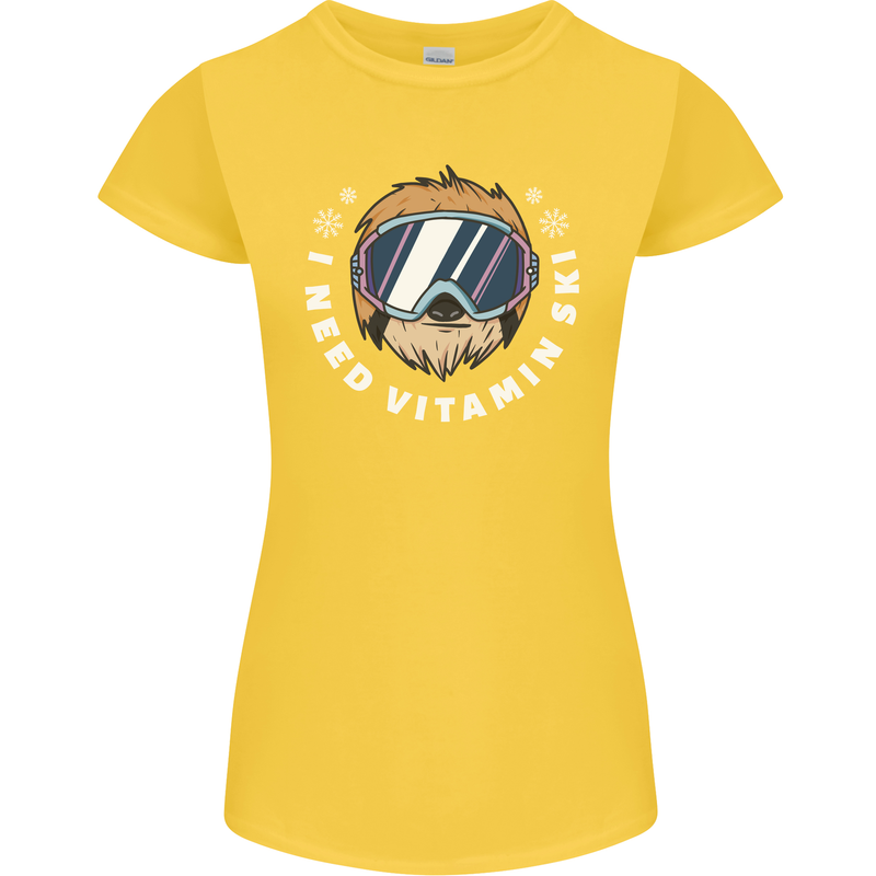 Vitamin Ski Funny Skiing Sloth Winter Sport Womens Petite Cut T-Shirt Yellow