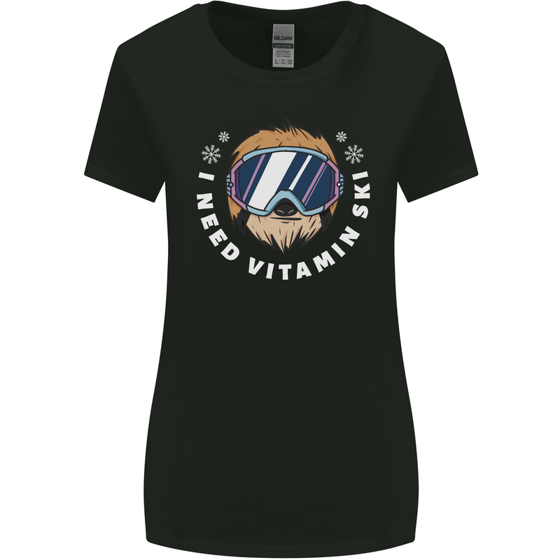 Vitamin Ski Funny Skiing Sloth Winter Sport Womens Wider Cut T-Shirt Black