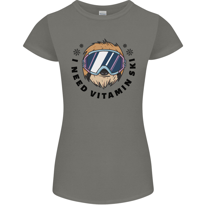 Vitamin Ski Funny Skiing Sloth Womens Petite Cut T-Shirt Charcoal