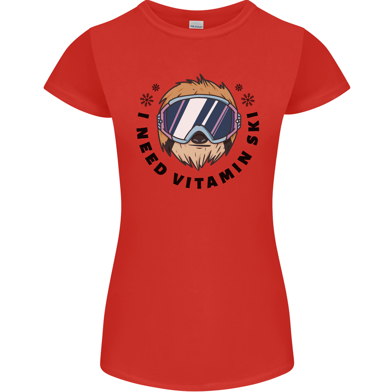 Vitamin Ski Funny Skiing Sloth Womens Petite Cut T-Shirt Red
