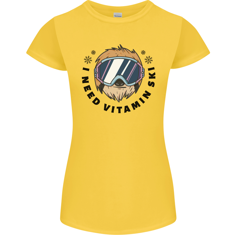 Vitamin Ski Funny Skiing Sloth Womens Petite Cut T-Shirt Yellow