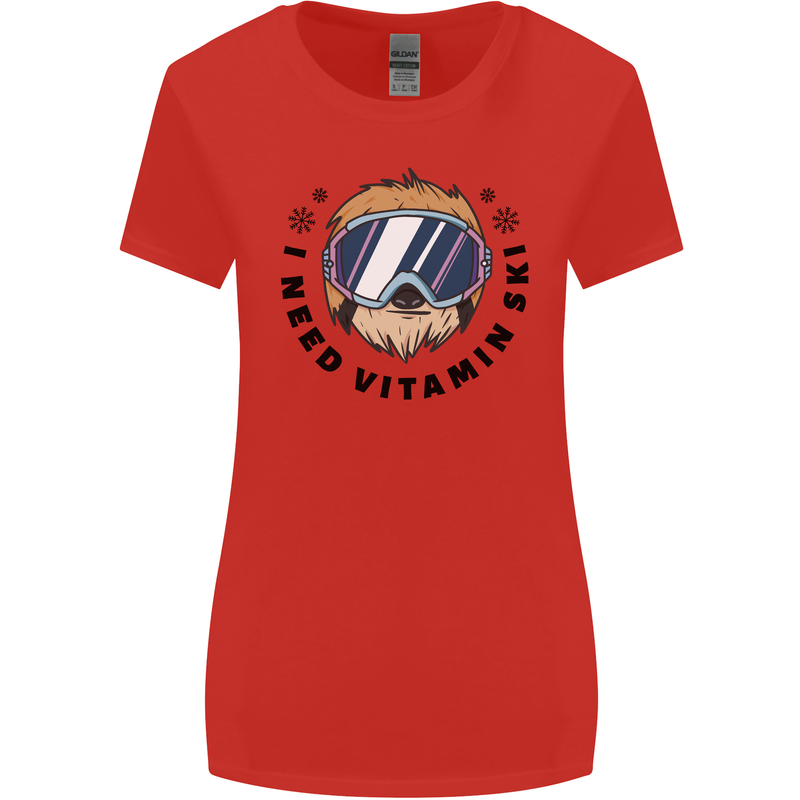 Vitamin Ski Funny Skiing Sloth Womens Wider Cut T-Shirt Red