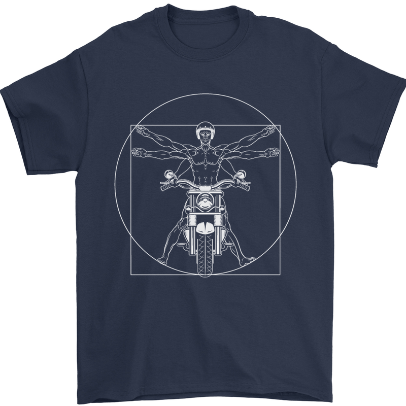 Vitruvian Biker Motorcycle Motorbike Mens T-Shirt Cotton Gildan Navy Blue