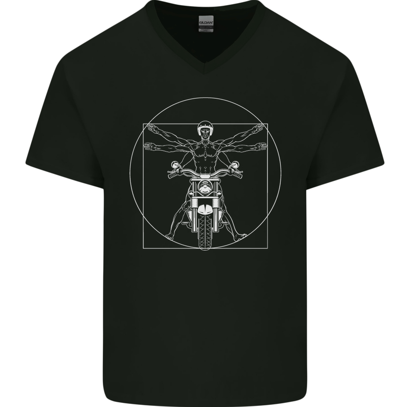 Vitruvian Biker Motorcycle Motorbike Mens V-Neck Cotton T-Shirt Black