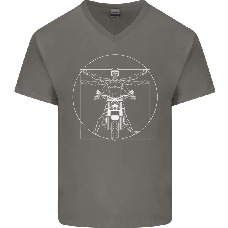 Vitruvian Biker Motorcycle Motorbike Mens V-Neck Cotton T-Shirt Charcoal
