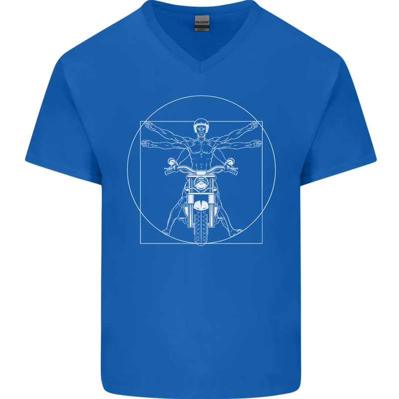 Vitruvian Biker Motorcycle Motorbike Mens V-Neck Cotton T-Shirt Royal Blue