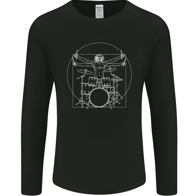 Vitruvian Drummer Funny Drumming Mens Long Sleeve T-Shirt Black