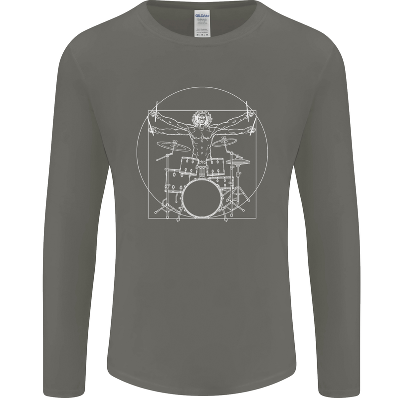 Vitruvian Drummer Funny Drumming Mens Long Sleeve T-Shirt Charcoal