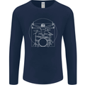 Vitruvian Drummer Funny Drumming Mens Long Sleeve T-Shirt Navy Blue