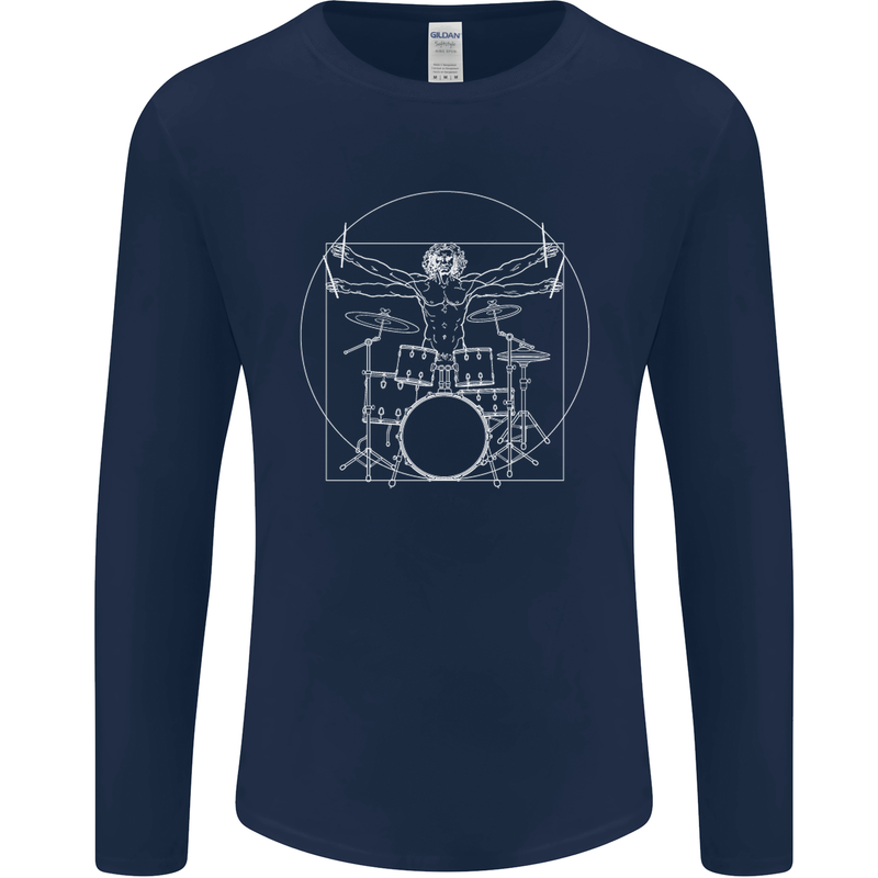 Vitruvian Drummer Funny Drumming Mens Long Sleeve T-Shirt Navy Blue