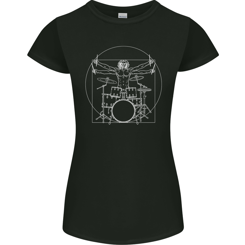 Vitruvian Drummer Funny Drumming Womens Petite Cut T-Shirt Black