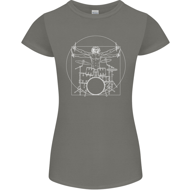 Vitruvian Drummer Funny Drumming Womens Petite Cut T-Shirt Charcoal