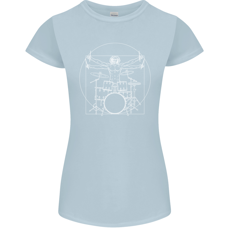 Vitruvian Drummer Funny Drumming Womens Petite Cut T-Shirt Light Blue