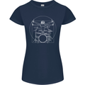 Vitruvian Drummer Funny Drumming Womens Petite Cut T-Shirt Navy Blue