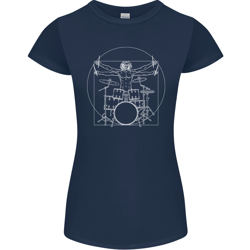 Vitruvian Drummer Funny Drumming Womens Petite Cut T-Shirt Navy Blue