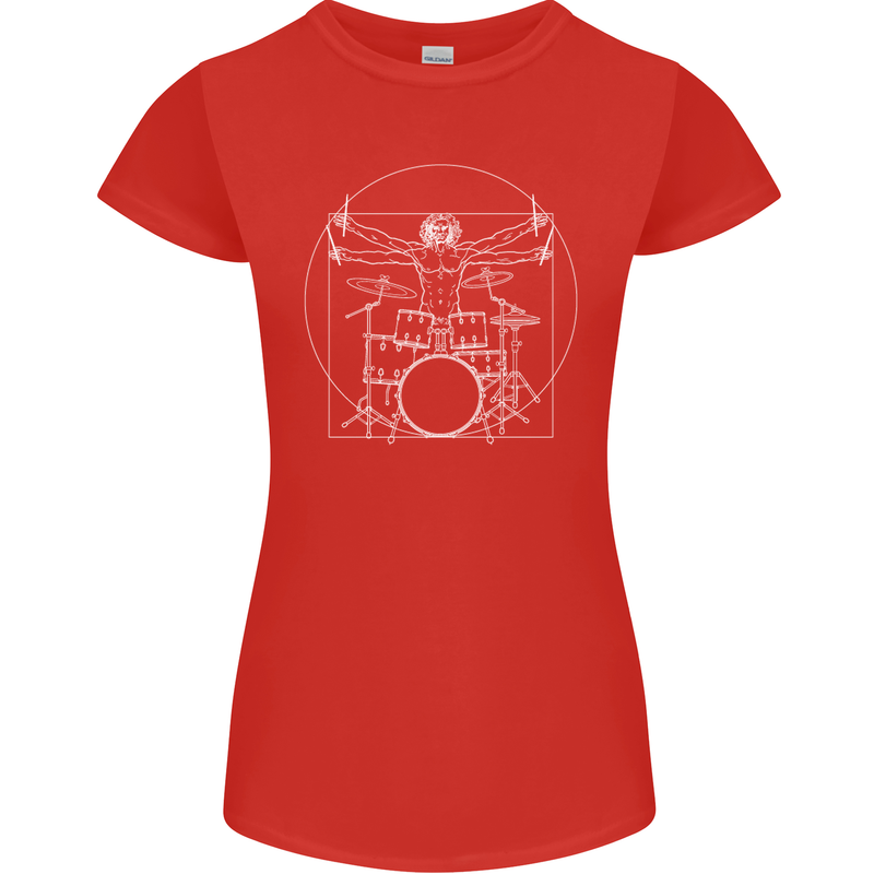 Vitruvian Drummer Funny Drumming Womens Petite Cut T-Shirt Red