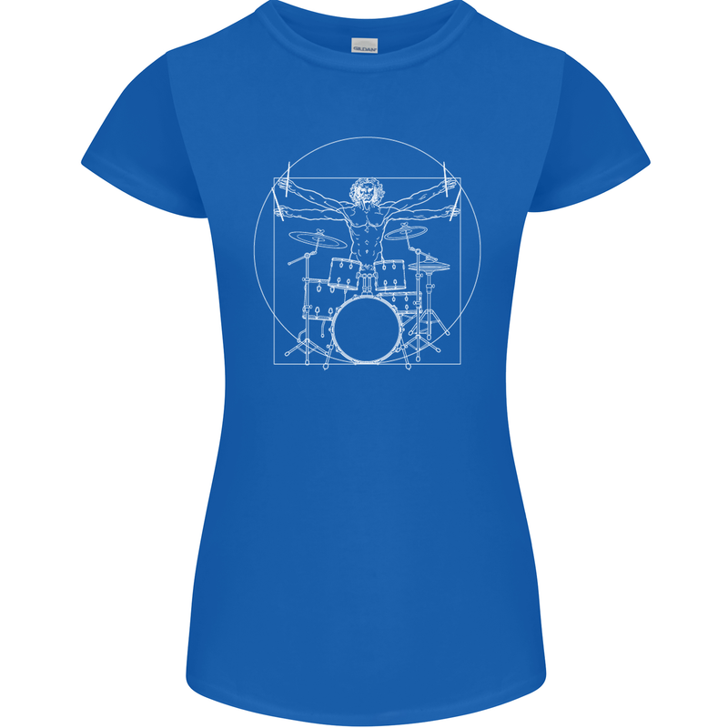 Vitruvian Drummer Funny Drumming Womens Petite Cut T-Shirt Royal Blue