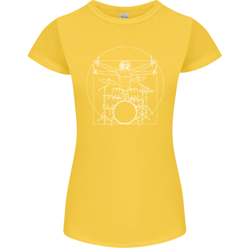 Vitruvian Drummer Funny Drumming Womens Petite Cut T-Shirt Yellow