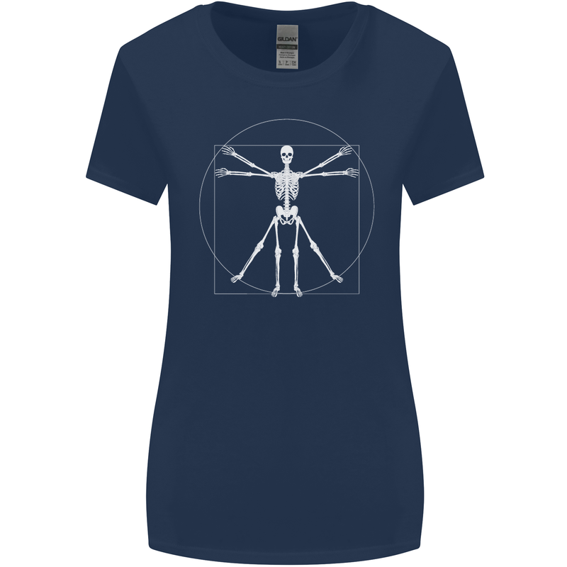 Vitruvian Skeleton Halloween Skull Funny Womens Wider Cut T-Shirt Navy Blue