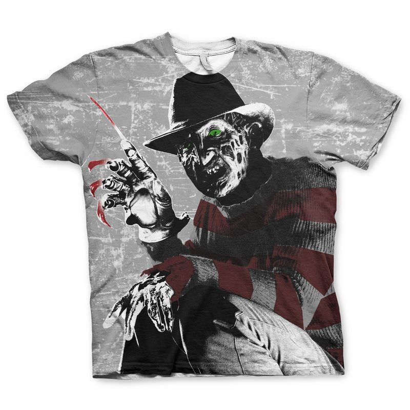 Freddy Krueger a nightmare on elm street allover print multi coloured men's t-shirt film tee horror movie series franchise front
