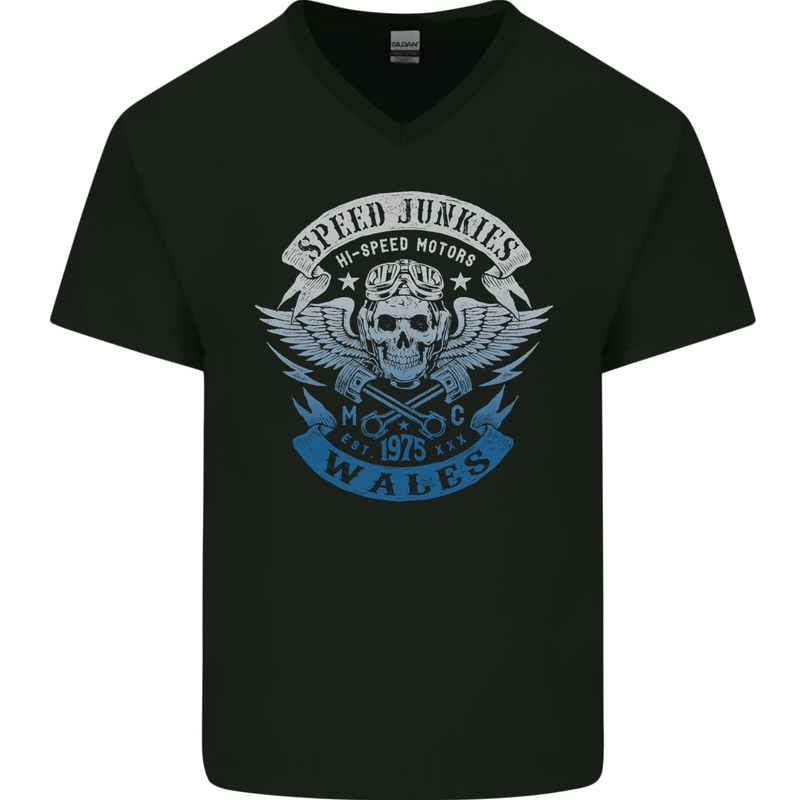 Wales Speed Junkies Biker Motorcycle Mens V-Neck Cotton T-Shirt Black