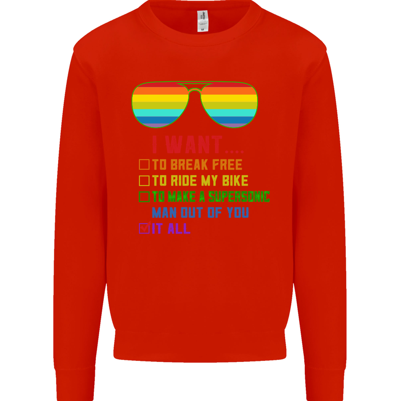 Want to Break Free Ride My Bike Funny LGBT Kids Sweatshirt Jumper Bright Red