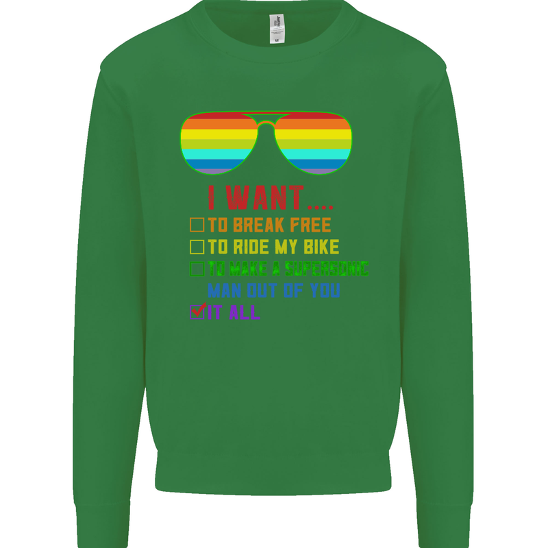 Want to Break Free Ride My Bike Funny LGBT Kids Sweatshirt Jumper Irish Green