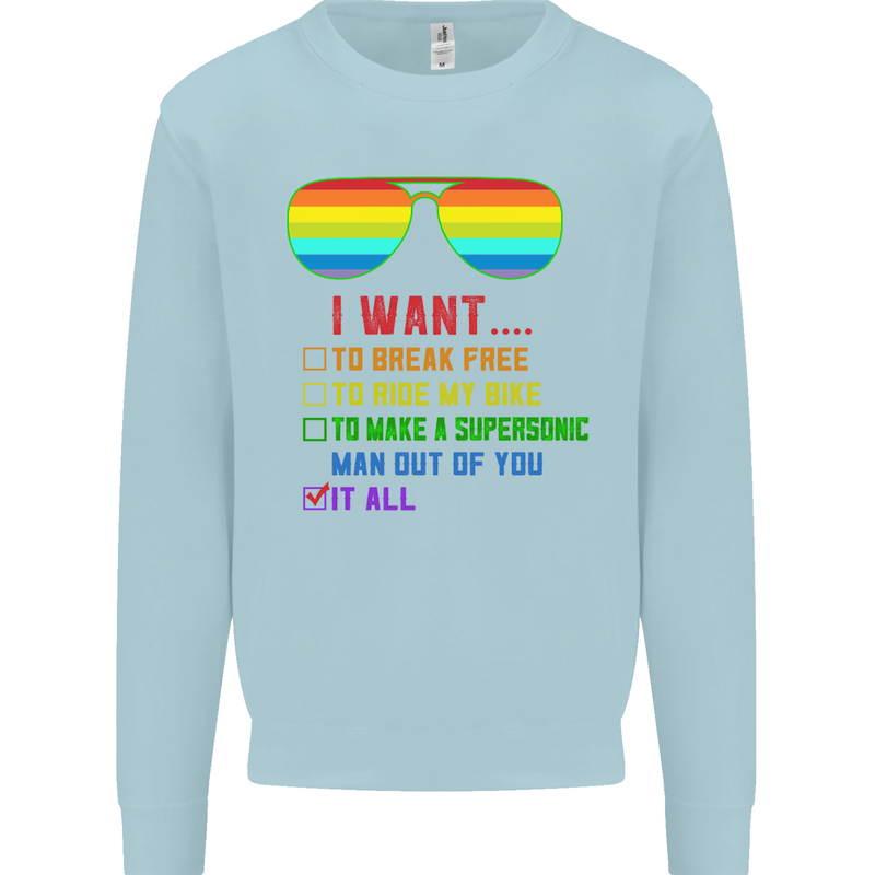 Want to Break Free Ride My Bike Funny LGBT Kids Sweatshirt Jumper Light Blue