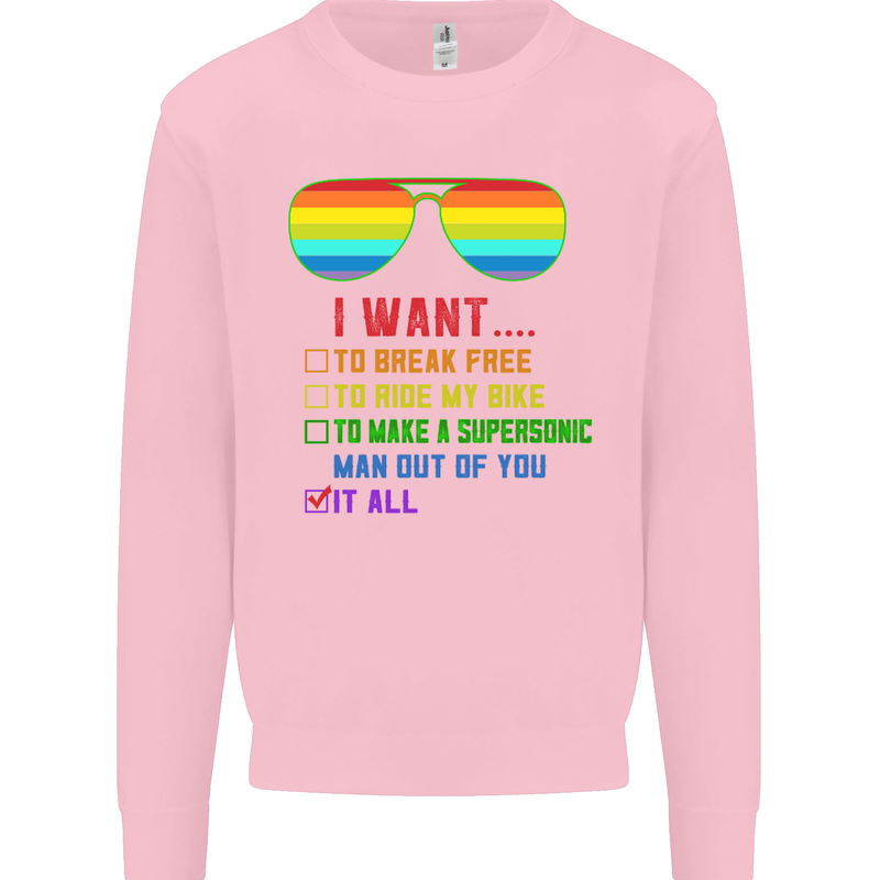 Want to Break Free Ride My Bike Funny LGBT Kids Sweatshirt Jumper Light Pink
